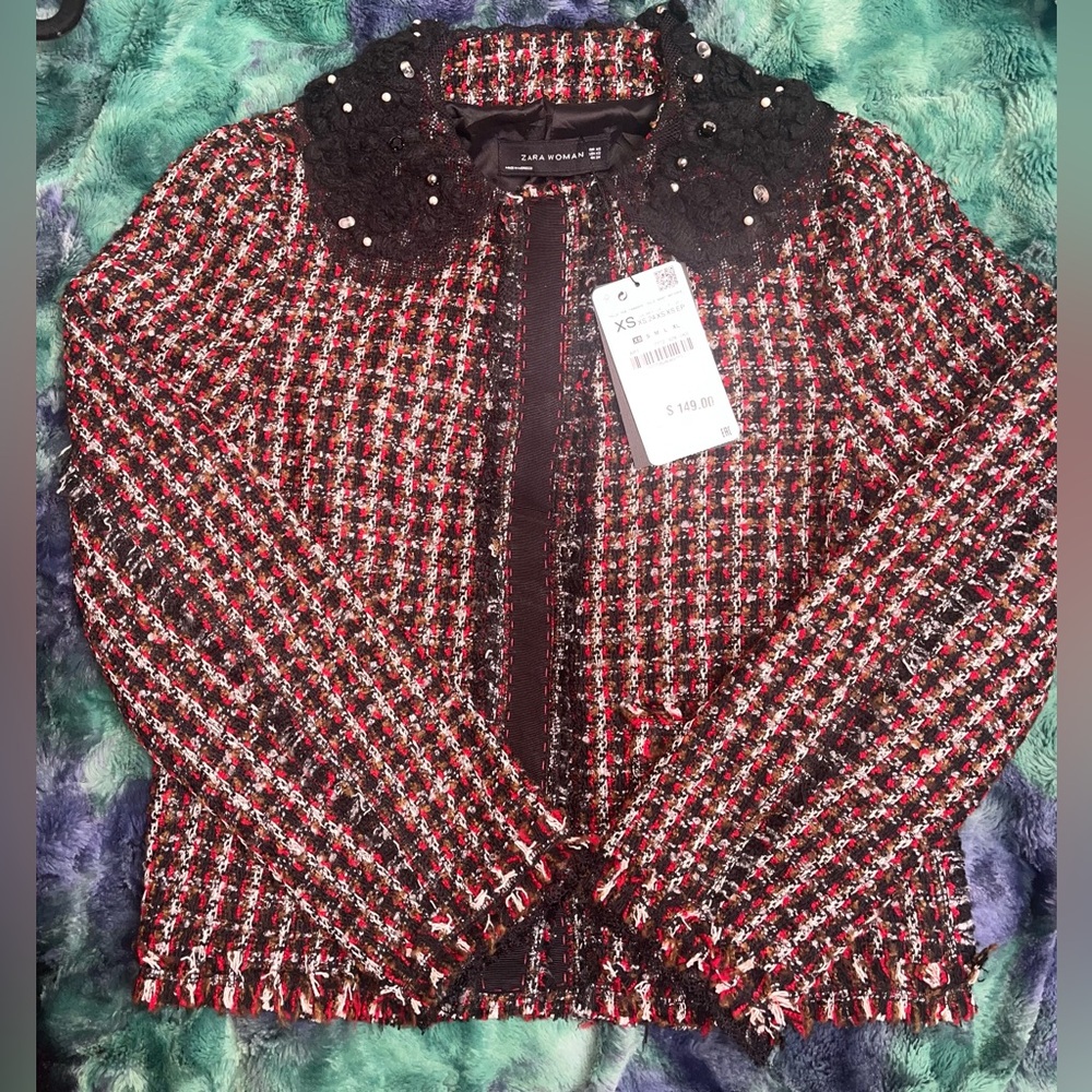 Zara Women’s Red and Black Tweed Jacket